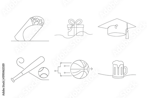 Vector line art icons of burrito, gift box, graduation cap, baseball bat and ball, basketball, and beer mug.