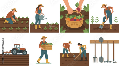 Illustrations of various farming and gardening activities and tools Vector