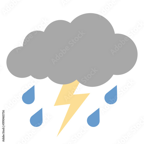 Grey cloud with rain and lightning, bad weather symbol, vector illustration, isolated icon.