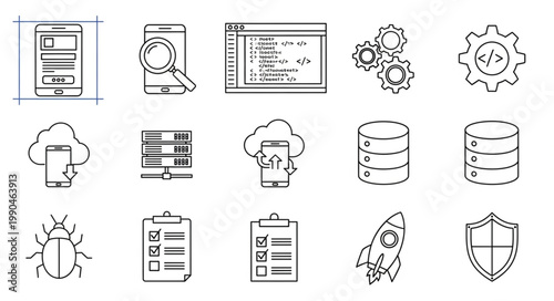Collection of technology and business icons in sketch style.