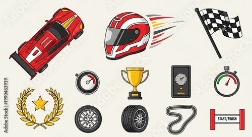 Racing elements including car helmet trophy and checkered flag.