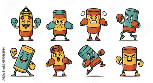 Cartoon boxing punching bag characters in various poses for design