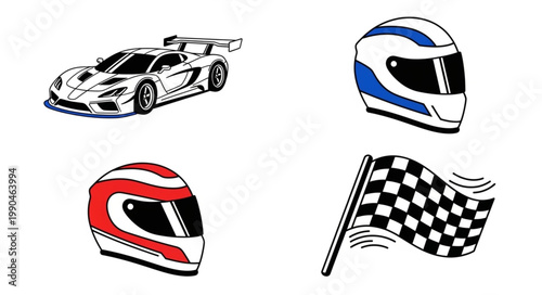 Racing car helmet and checkered flag icons.