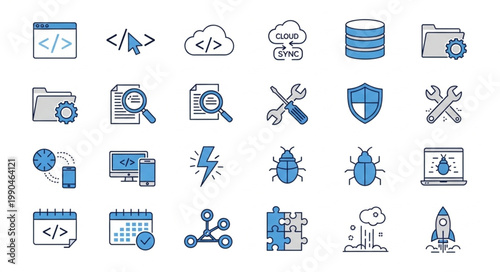 Collection of modern flat icons representing software development and technology concepts.