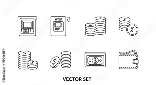 Financial Icons Set Featuring ATM Machine Coins and Wallet.