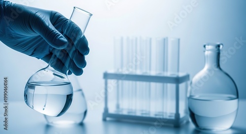 Hand in blue glove holding round bottom flask with clear liquid near other laboratory glassware on table  science laboratory equipment