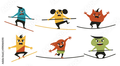 Cartoon characters balancing on tightrope with expressive emotions