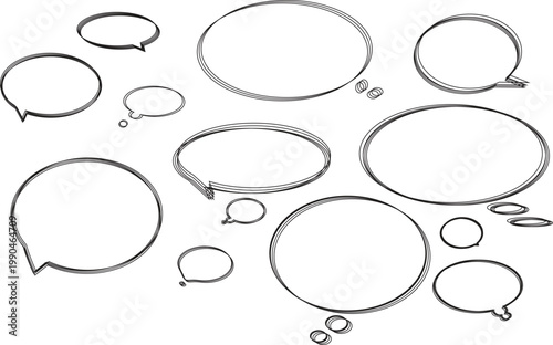Set of Oval Speech Bubbles and Thought Clouds, Black Hand-Drawn Sketch Outlines