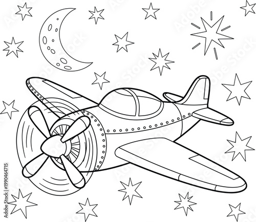 Vintage airplane sketch with festive fireworks display in black and white