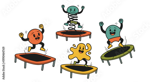Cartoon characters bouncing on trampolines isolated illustration
