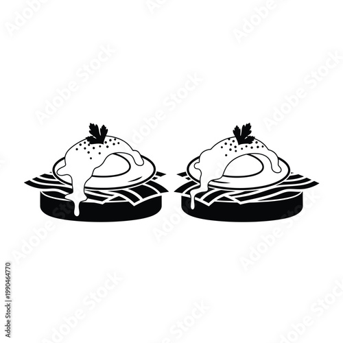 Simple Black and White Illustration of Two Eggs Benedict.