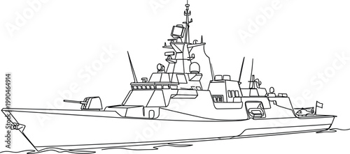 Modern naval warship line art illustration, military defense vessel sailing on sea with detailed structure for maritime security concept