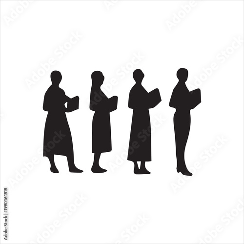  Female Tutors and masters standing in different position silhouette set vectors. Girl teachers with anonymous faces. Educators wearing uniforms silhouette collection. School teacher girl silhouette..