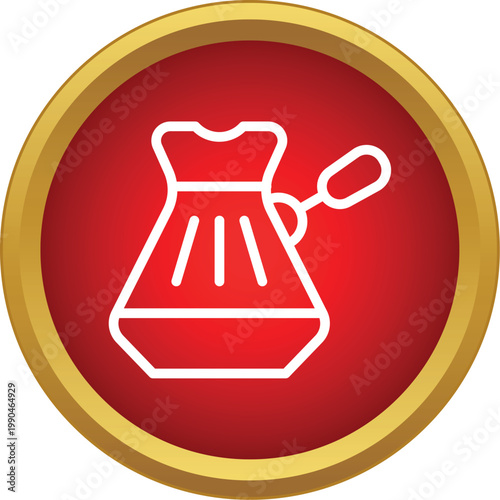 Cezve coffee pot symbol on red circular button with gold frame