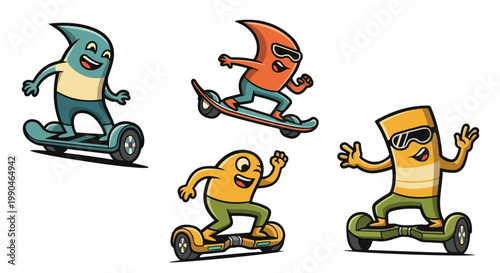 Cartoon characters enjoying hoverboards and skateboards