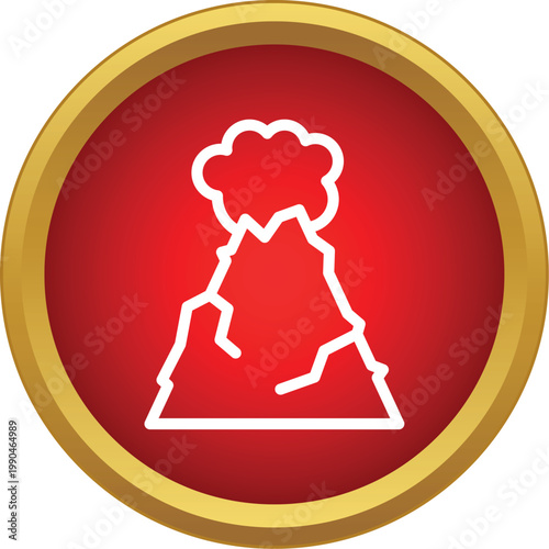 Erupting volcano icon with smoke emerging from the crater on a red circle