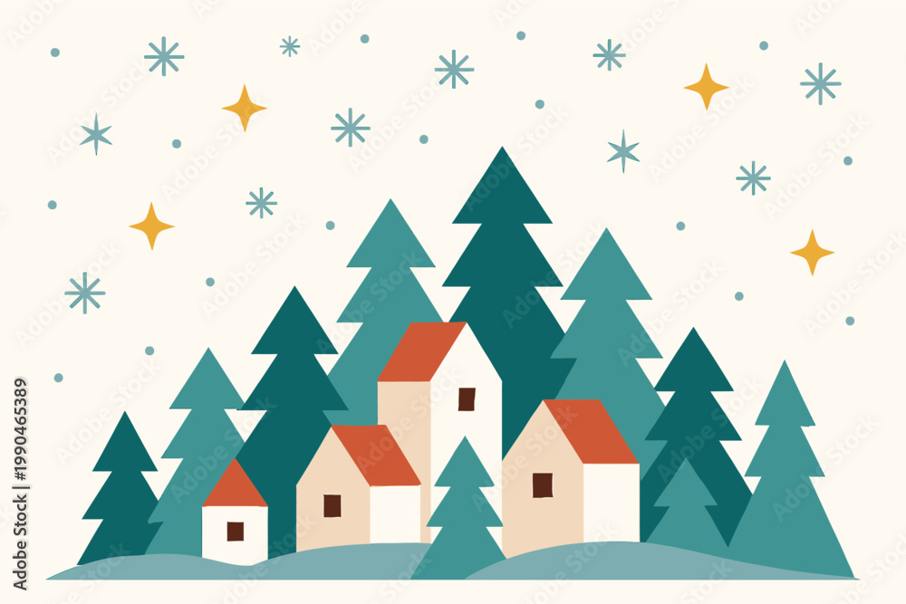 Obraz premium winter greeting card, holiday card, seasonal greeting, winter forest, snow trees, snowflakes, winter landscape, holiday design, festive greeting, seasonal illustration, christmas season, winter celebr