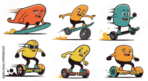 Cartoon characters skateboarding and hoverboarding with dynamic speed motion