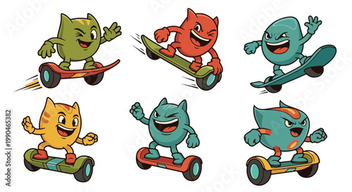 Cartoon characters skateboarding on hoverboards isolated on white