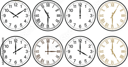 Modern wall clock set illustration, minimalist time display collection with roman numerals and simple round designs for home decor