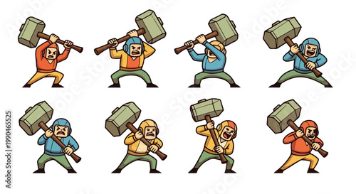 Cartoon characters swinging mallets in various colors and poses