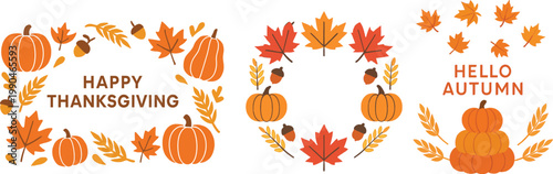 autumn harvest composition with falling leaves and pumpkins stacked in decorative layout.