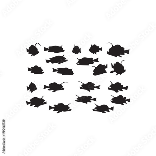 A collection of black anglerfish silhouettes in various poses, each featuring a distinctive bioluminescent lure..eps