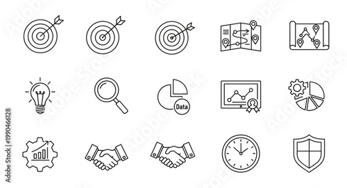 Business icons set for strategy planning and analysis.