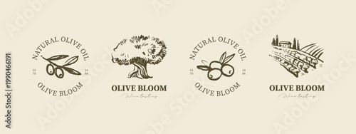 Vintage sketch olive logo set with tree, branch, farm field. Extra virgin, farm product, Mediterranean cuisine, cosmetic, organic farm, packaging label. Engraved hand drawn vector illustration.