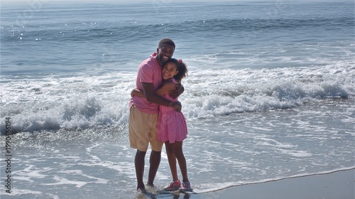 Dad and his daughter embrace warmly during a happy summer walk on the beach.