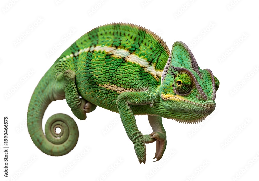 Naklejka premium Detailed green chameleon with striped patterns and coiled tail on clean background