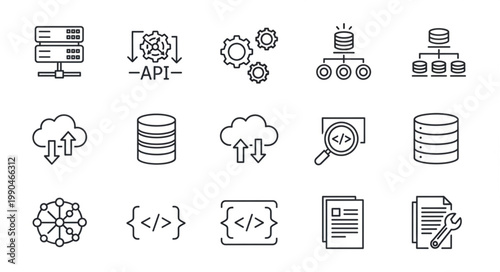 Set of icons representing database and cloud computing technology.