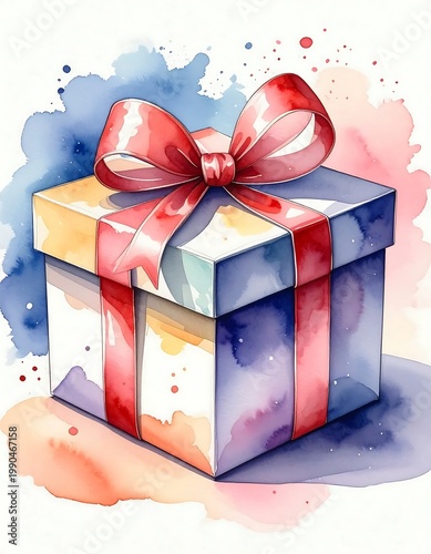 Watercolor Gift Box Illustration With Red Ribbon And Bow On Abstract Colorful Background For Christmas Or Birthday Celebration