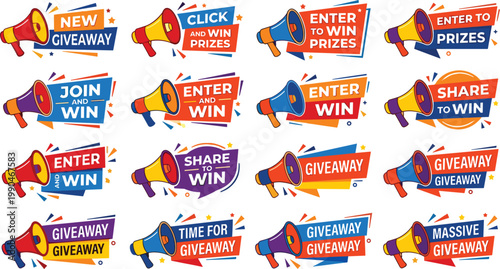 Promotional giveaway labels set illustration, colorful marketing badges with megaphone icons and call to action text for advertising campaigns