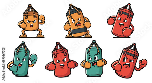 Cartoon punching bags in various colors representing aggression and fitness