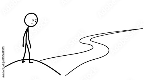 Stick figure contemplating a diverging path, symbolizing choice and uncertainty