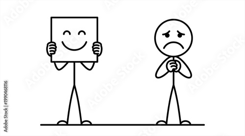 Smiling facade covers inner sadness next to openly distressed figure