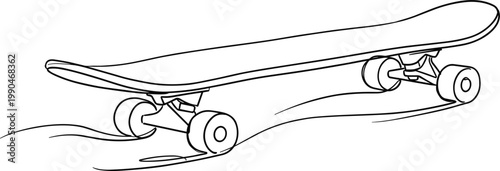 Skateboard line art illustration isolated on background, urban street sport equipment design with deck trucks wheels for skateboarding concept