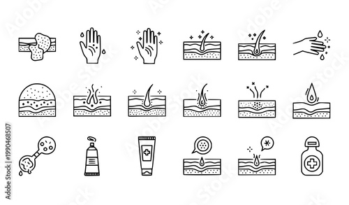 Eczema disease treatment icons set vector thin line dermatitis dry skin rash itching dermatology care pictograms isolated white background