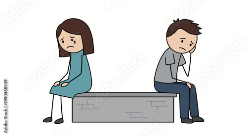 Cartoon illustration of a sad couple sitting apart on a bench, representing a relationship breakup or marital problems and emotional distance