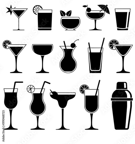 A stylized collection of various cocktail glasses with a minimalist aesthetic
