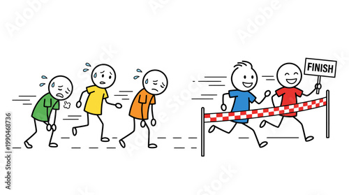 Running Race Two Happy Finishers Ahead of Three Exhausted Runners