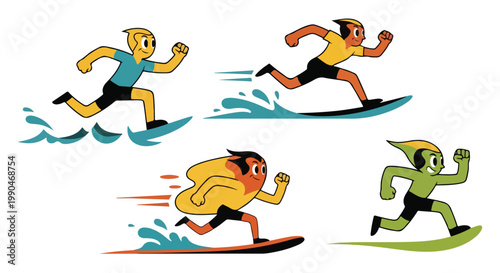 Cartoon surfers riding waves on white background