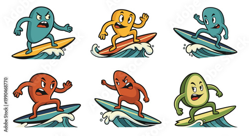 Cartoon surfers riding waves isolated on white