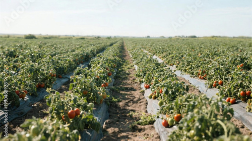 A vast field of tomato plants growing in rows under a clear blue sky