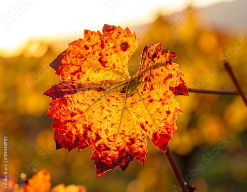 Vibrant Autumn Grape Leaf Close Up Photography With Warm Golden Sunset Light Backlighting Translucent Red And Orange Foliage In A Vineyard