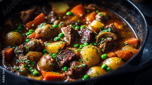 Hearty Irish beef stew, made with potatoes, carrots, mushrooms, and peas, simmers in a rich beer broth.