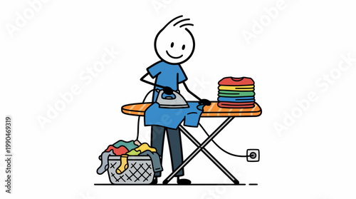Stick figure person ironing clothes on an ironing board with a basket of laundry