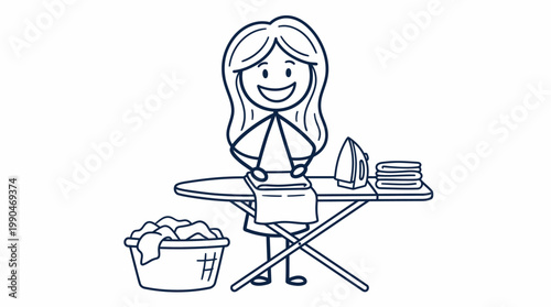 Woman happily ironing clothes on a board with laundry basket