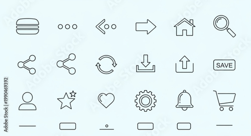 Collection of simple hand-drawn outline icons for user interface design.